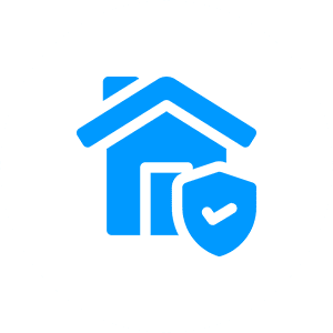 Blue house icon with a shield symbolizing home security.