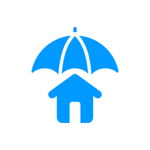 Blue umbrella protecting a blue house symbol.