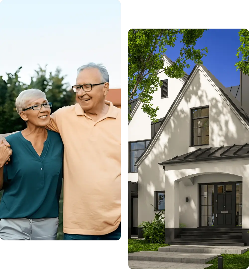 Elderly couple smiling, modern house exterior.